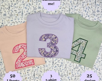 Camiseta infantil personalizada Liberty of London en tonos pastel / Camiseta infantil personalizada / Elige tu diseño / Camiseta personalizada con inicial o número