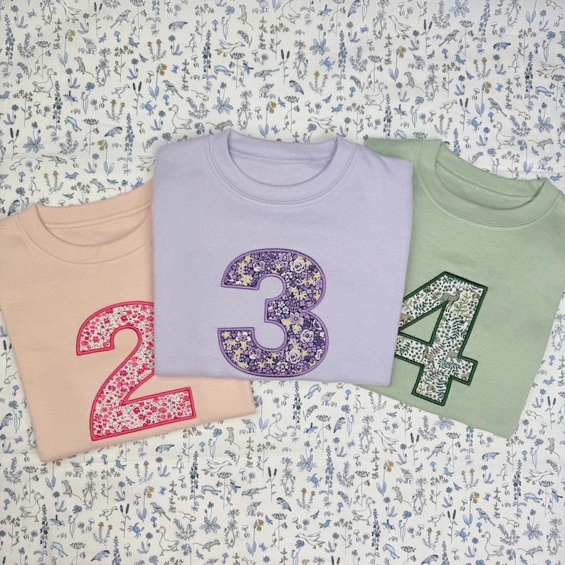 May include: Three crewneck sweatshirts in light pink, lavender, and sage green. Each sweatshirt features a large, fabric-appliqued number on the front: a pink floral number 2, a purple floral number 3, and a green floral number 4.