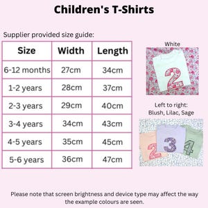 May include: A size guide chart for children's t-shirts with columns for size, width, and length in centimeters. The image displays a white t-shirt with a floral number 2, and three t-shirts in blush, lilac, and sage with floral numbers 2, 3, and 4.