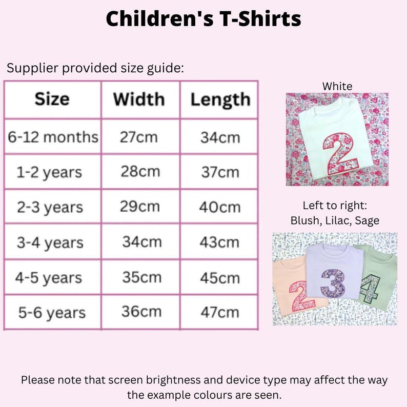 May include: A size guide chart for children's t-shirts with columns for size, width, and length in centimeters. The image displays a white t-shirt with a floral number 2, and three t-shirts in blush, lilac, and sage with floral numbers 2, 3, and 4.