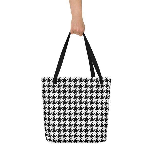Houndstooth Large Classic Tote Bag | Vintage Style Tote Bag Large | Retro Style Carryall | Retro Tote Grocery Bag | 80s Style Beach Tote
