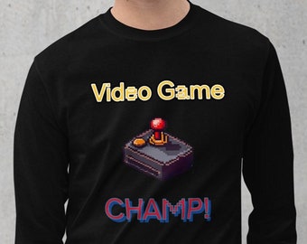 Camisa estilo 8bit Gaming de Vintage Gaming Fan 80, "¡Campeón de videojuegos!" inscrita es la camisa de juego vintage perfecta, camisa de manga larga para hombre