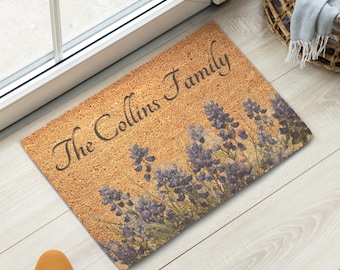 Personalized Coir Doormat Bluebonnet Design Custom Entrance Mat Natural Fiber Texture Welcome Home Front Door Texas Style Rustic Porch