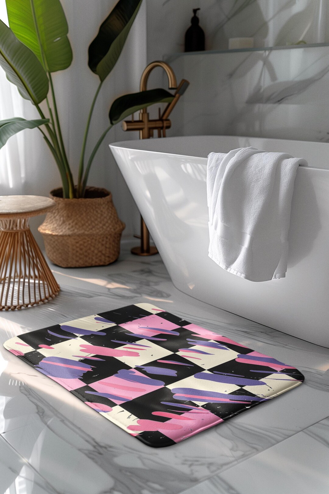 Memory Foam Mat Bathroom Floor Soft Modern Design Pink Purple Checkered ...