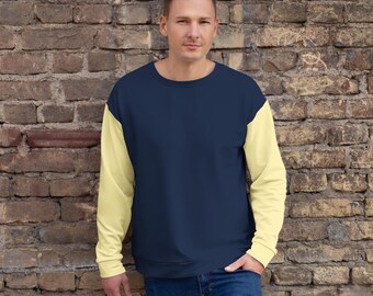 Navy Yellow Sweatshirt Colorblock Unisex Pullover Fleece Two Tone Crewneck Casual Athleisure Wear Recycled Polyester Sweater Soft Brushed