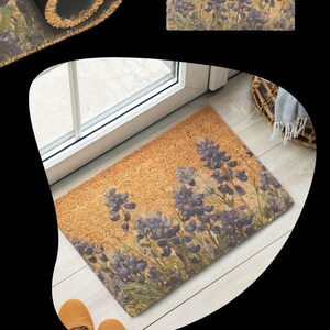 Felpudo de fibra de coco, alfombra de entrada para puerta principal Bluebonnet, alfombra de bienvenida de fibra natural, entrada exterior, material de coco, estilo rústico texano, porche de casa. imagen 9