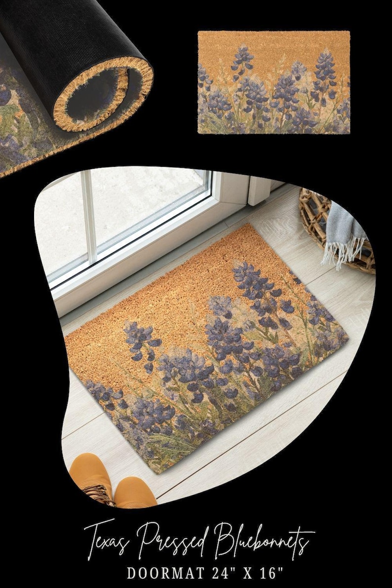 Felpudo de fibra de coco, alfombra de entrada para puerta principal Bluebonnet, alfombra de bienvenida de fibra natural, entrada exterior, material de coco, estilo rústico texano, porche de casa. imagen 9