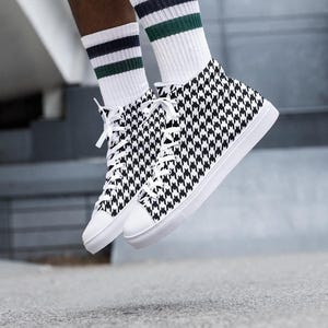 Houndstooth High Top Canvas Sneaker Business Casual Walking Shoe Unique Pattern Statement Footwear Fashion Forward Stylish Design Black