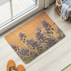 Coir Doormat Bluebonnet Front Door Entrance Mat Natural Fiber Welcome Rug Outdoor Entryway Coconut Material Texas Style Rustic Home Porch Decoration Flower Design Durable Construction Dirt Trapping Functionality Vinyl Backing Support