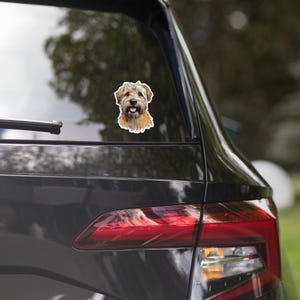 Pegatina de vinilo con cara de cachorro de terrier de trigo, diseño bonito de raza de perro, decoración para portátil, accesorio para coche, regalo para amantes de los animales, duradero