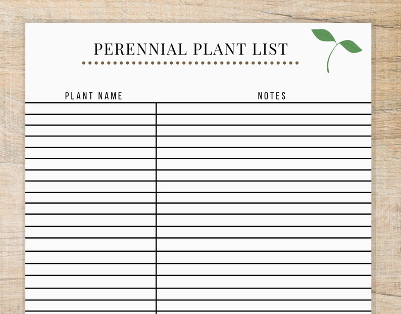 Perennial Plant List Printable Worksheet a Garden Organizer Etsy UK