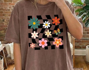 Retro Blumen Komfort Farben Shirt: 70er Jahre Kariertes Tee