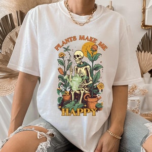 Planten maken me blij t-shirt, nog een plant tee, plantenliefhebber shirt, retro skelet t-shirt, cartoon cottagecore t-shirt, skelet shirt