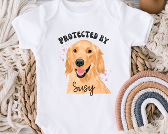 Golden Retriever Baby Onesie, Protected by Dog, New Baby Gift