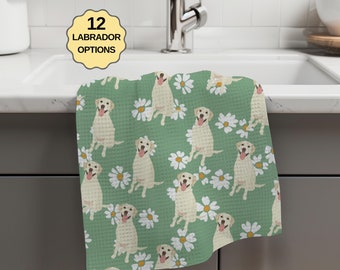 Labrador Tea Towel, green daisy flowers, yellow retriever tea towel, waffle kitchen towel, dog flour sack, housewarming gift, lab mom gift