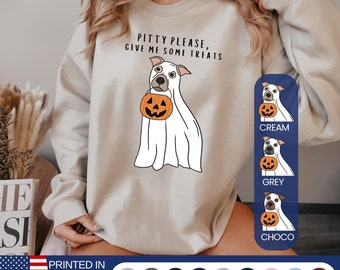 Ghost Pitbull Halloween ronde hals, Spooky Pitbull, Pitbull Halloween-shirt, herfstshirt Pitbull, Ghost Dog-sweater, Pitbull-cadeaus, Pittie