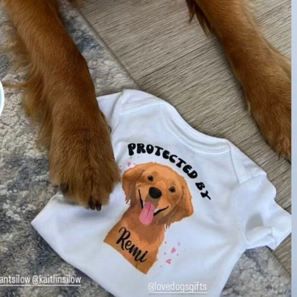 Protected by Dog Onesie®, Golden Retriever Onesie, New Best Friend Onesie, Custom Dog Breed Onesie®, Dog Name Onesie®, Baby Shower Gift