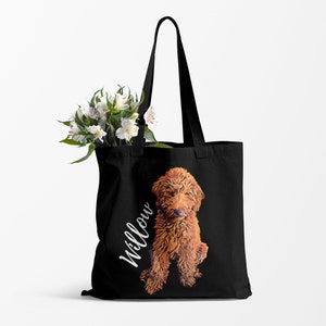 May include: Black canvas tote bag with a brown doodle dog illustration and the name "Willow" in white text.