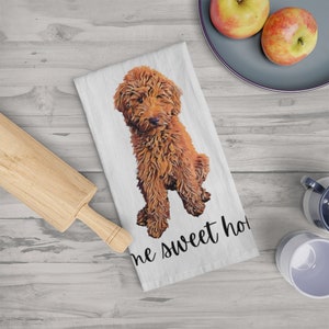 Rotes Goldendoodle-Mehlsack-Küchen-Geschirrtuch, Home Sweet Home, goldenes Doodle-Geschirrtuch, Cockapoo, Doodle-Handtuch, Geschirrtuch, 100 % Baumwolle