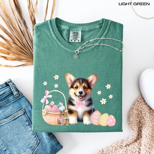 Camiseta de Páscoa para filhote de cachorro Corgi Tricolor, presente de corgi, moletom de mãe de corgi, suéter de mãe de filhote de cachorro, camiseta de coelho da Páscoa, camiseta de cesta de Páscoa de presente