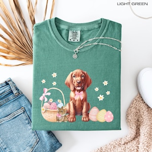 Maglietta di Pasqua per cuccioli di Vizsla ungherese, regalo di Vizsla, felpa per mamma di Vizsla, maglione per mamma di cuccioli, maglietta con coniglietto pasquale, maglietta con cestino di Pasqua in regalo