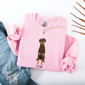 May include: Pink sweatshirt with a brown and black dog illustration and the name "Echo" printed below.