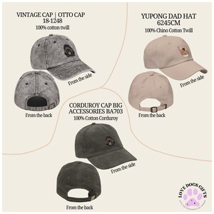 May include: A collection of baseball caps in various colors and styles. The caps include a vintage cap, a Yupoong dad hat, and a corduroy cap. Each cap features a different design, including a dog and a cat. The hats are made of cotton twill and corduroy.