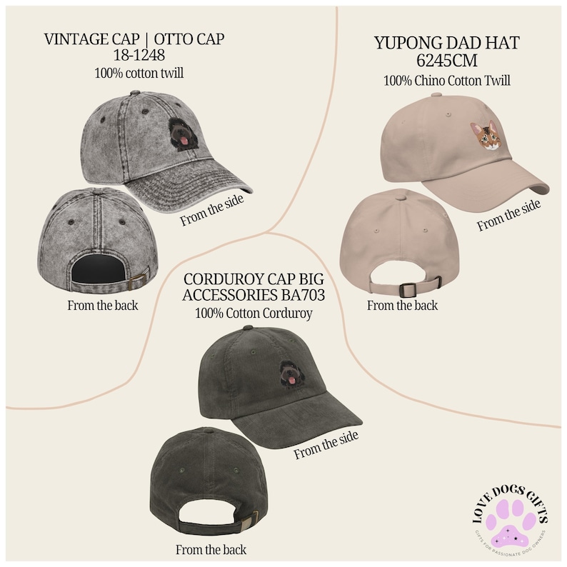 May include: A collection of baseball caps in various colors and styles. The caps include a vintage cap, a Yupoong dad hat, and a corduroy cap. Each cap features a different design, including a dog and a cat. The hats are made of cotton twill and corduroy.