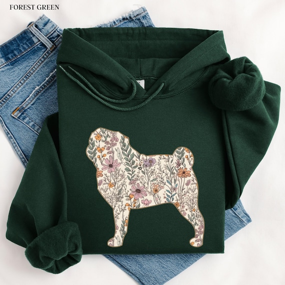 Wildflower Pug Dog Hoodie Cottagecore Pug Mama Gift