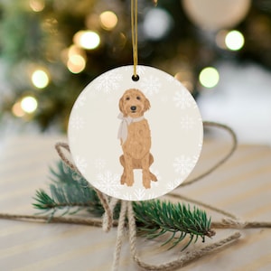 Ornement de Noël Golden doodle en céramique, cadeaux Labradoodle, décoration d'arbre de Noël Goldendoodle, carte de Noël Doodle, ornement en céramique