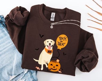 Może przedstawiać: Brązowa bluza z kapturem z kreskówkowym labradorem w pomarańczowej chuście z napisem "BOO". Pies stoi obok dyni i balonu z napisem "Trick or Treat". Czarne nietoperze są rozrzucone. Srebrny naszyjnik leży na bluzie.