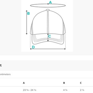 May include: A diagram of a baseball cap with labeled dimensions. The cap's circumference is 23 ⅝ - 24 ⅜ inches, height is 4 &frac34; inches, brim width is 2 &frac34; inches, and brim length is 7 &frac12; inches. A size chart is included.