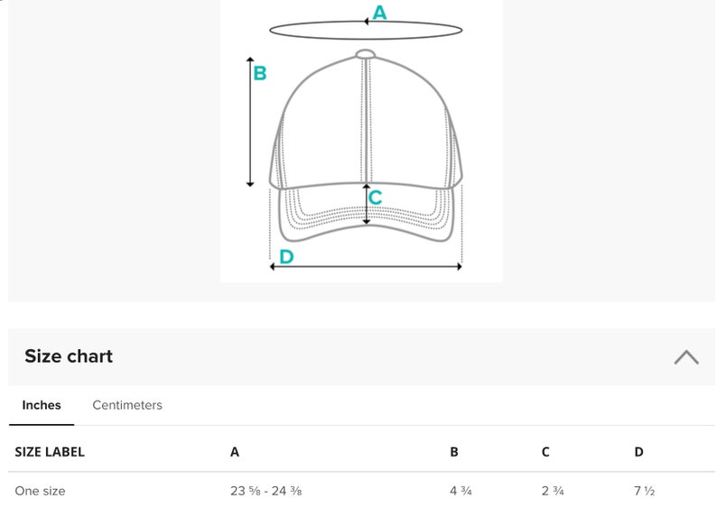 May include: A diagram of a baseball cap with labeled dimensions. The cap's circumference is 23 ⅝ - 24 ⅜ inches, height is 4 &frac34; inches, brim width is 2 &frac34; inches, and brim length is 7 &frac12; inches. A size chart is included.