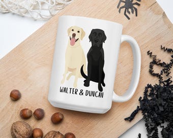 May include: White ceramic mug with a black and yellow Labrador Retriever illustration. The text "Walter & Duncan" is printed on the mug.