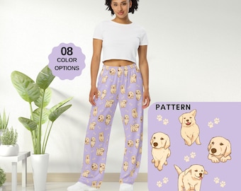 May include: Purple pajama pants with a pattern of golden retriever puppies. The pants have pockets and come in 8 color options.  "WITH POCKETS" and "PATTERN" are written on the image.