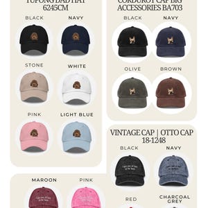 May include: A variety of baseball caps in different colors, including black, navy, stone, white, pink, light blue, maroon, and pink. The hats feature embroidered dog designs or text. The image is labeled "Hat Colors & Types."