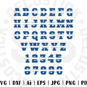 May include: A blue split font alphabet and numbers. The letters and numbers are split in half with a line in the middle. The font is a bold, blocky style.