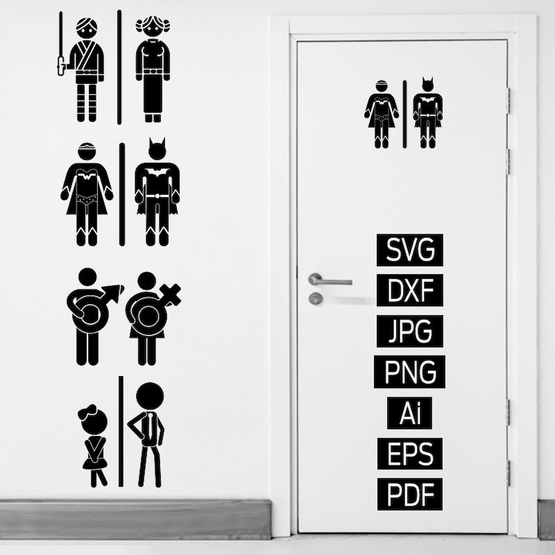 SVG File, Set of 4 Toilet Vector Signs, Bathroom Sign, WC Sign, Toilet Sign, Vinyl Sticker, Man and Woman Sign image 1