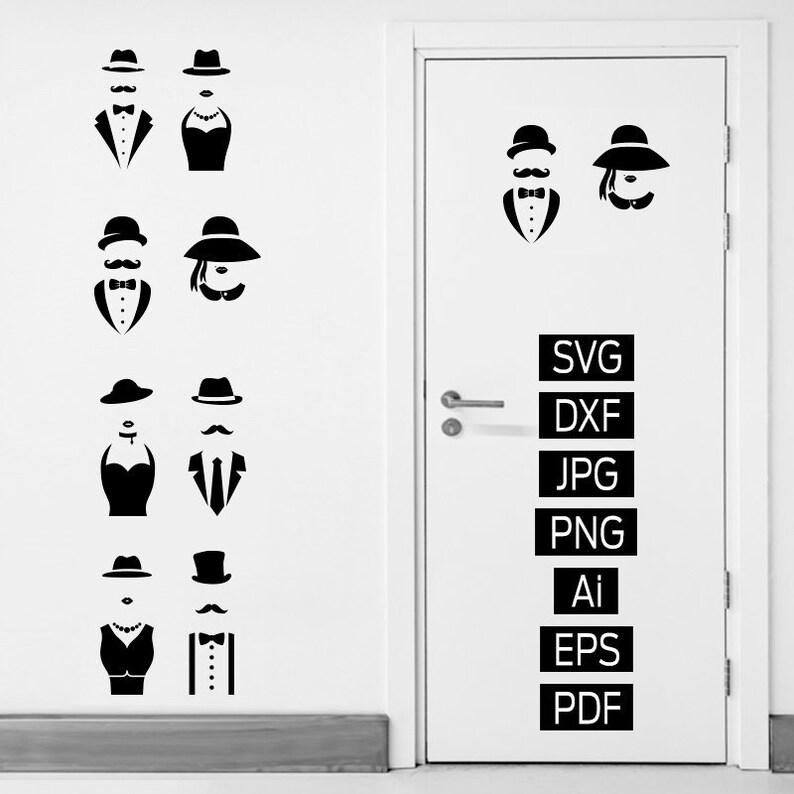 SVG File, Set of 4 Toilet Vector Signs, Bathroom Sign, WC Sign, Toilet Sign, Vinyl Sticker, Man and Woman Sign image 1