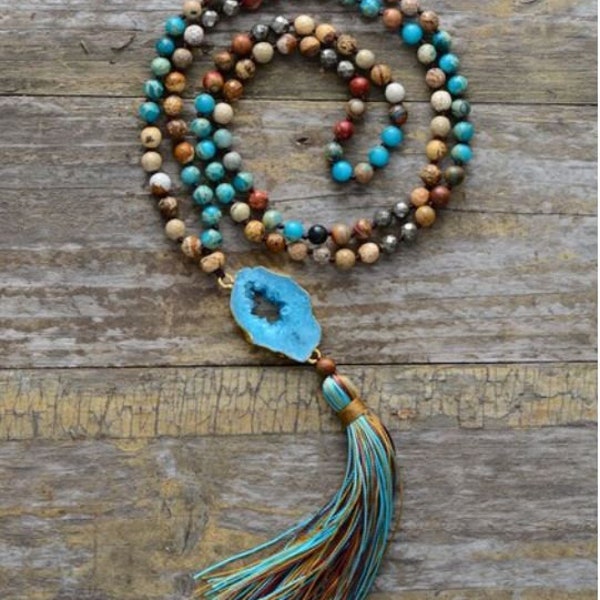 Druzy Jasper Necklace | Thread Mala Beads Necklace | Boho Jasper | Tassels Druzy