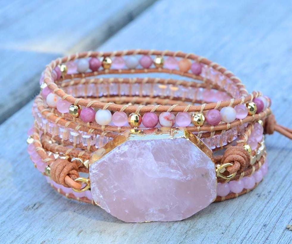 Rose Quartz  | Healing Crystal Bracelet | Rose Quartz Bracelet | Leat…