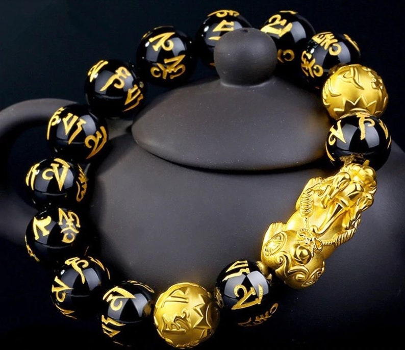 2-Piece 12mm Feng Shui Bead Bracelet, Black Pi Xiu Amulet For Wealth & Luck