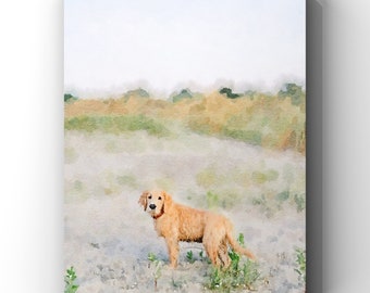 Golden Retriever sur la plage, aquarelle Golden Retriever, chiot doré, art Golden Retriever