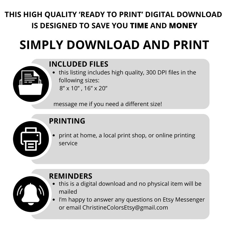 May include: A digital download graphic with the text: "THIS HIGH QUALITY 'READY TO PRINT' DIGITAL DOWNLOAD IS DESIGNED TO SAVE YOU TIME AND MONEY." The image includes information about included files, printing options, and reminders. Sizes include 8" x 10" and 16" x 20".