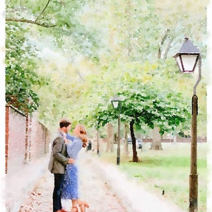 May include: A watercolour painting of a couple embracing in a park setting. The couple are standing on a brick pathway with trees and a street lamp in the background.