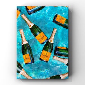 Champagne Bottle Watercolor, Floating Champagne, Tropical Bachelorette Theme, Hen Theme, Veuve Clicquot Bottles in Pool, Celebration