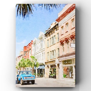 Charleston South Carolina Watercolor Print, King Street, Rainbow Row, Digital Art, Picture to Painting