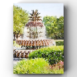 May include: Watercolour painting of a pineapple fountain with a cascading waterfall. The fountain is surrounded by lush green foliage and trees.