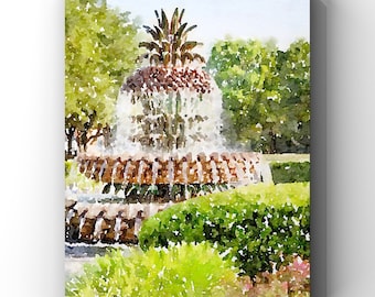 Charleston Pineapple Fountain Watercolor Art Print (Digital Download)