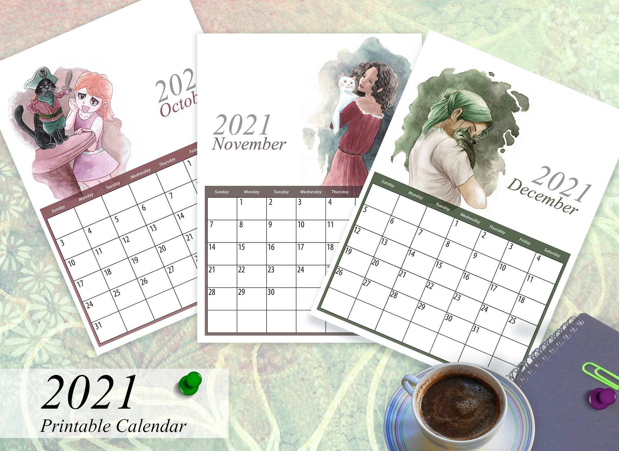2021 Art Calendar Printable Manga Anime Ilustrated Art Etsy